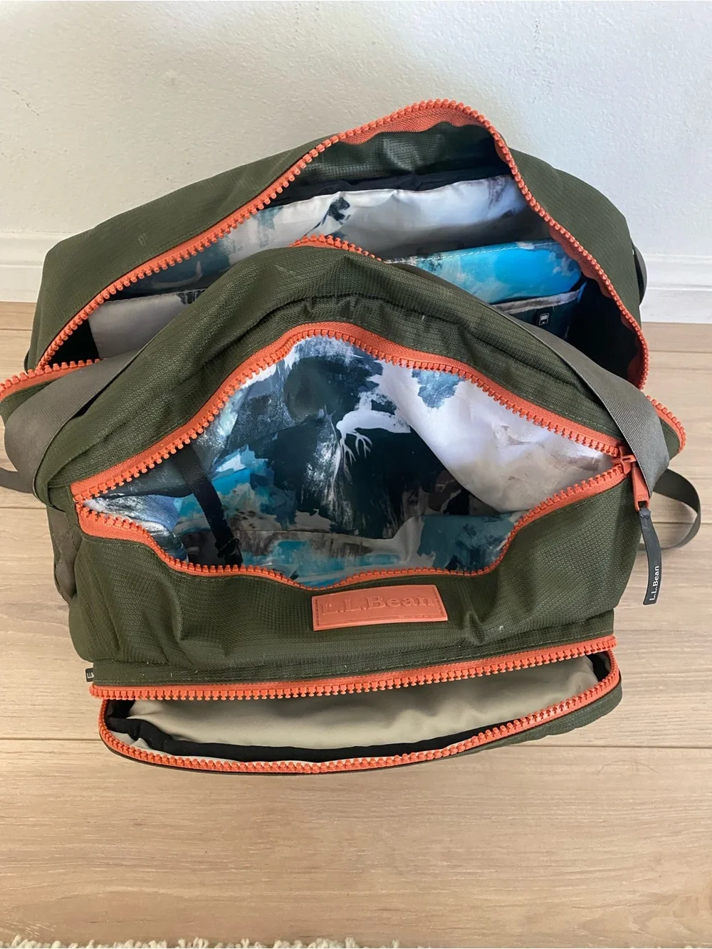 L.L. Bean Olive Green Baby Diaper Bag with Orange Zippers